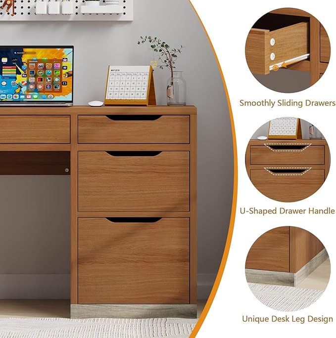 MaverickFurni 52 Inch Desk with 4 Drawers, Small Computer Desk for Small Space, Home Office Desk with Storage File Drawer for Bedroom, Brown