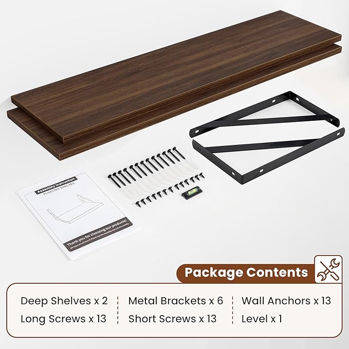 Deep Wall Shelves 55"W x 12"D Engineered Wood Floating Shelves for Wall, Sturdy Metal Bracket Bookshelves Home Decor Storage for Living Room Bedroom Bathroom Kitchen, Set of 2, Walnut Finish