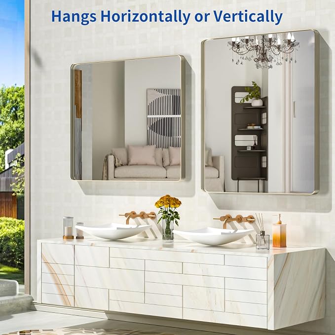 WEER 36X30 Inch Brushed Nickel Bathroom Mirror, Brushed Silver Metal Frame Mirror, Rounded Rectangle Silver Bathroom Vanity Mirror, Tempered Glass, Anti-Rust, Hangs Horizontally or Vertically