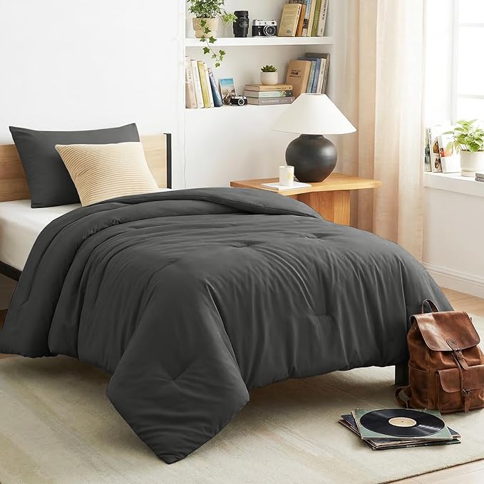 CozyLux Twin Comforter Set College Dorm Essentials, 2 Pieces Dark Grey Twin Extra Long Solid Bedding Sets, Gray Twin XL Bed Set with Down Alternative Comforter and 1 Pillowcase, Back to School Gift