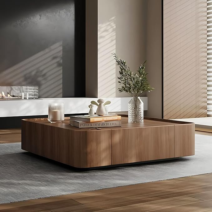 Luxury Wood Coffee Table with Hidden Drawer, Easy Installation Square Center Table for Living Room, Raised Edge Design, Premium Walnut Finish (39.37" Square Coffee Table)
