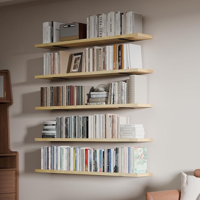 5 Tier Book Shelf,Long Floating Shelf for Wall,Adjustable Large Bookcase,Wall Mounted Bookshelf for Living Room