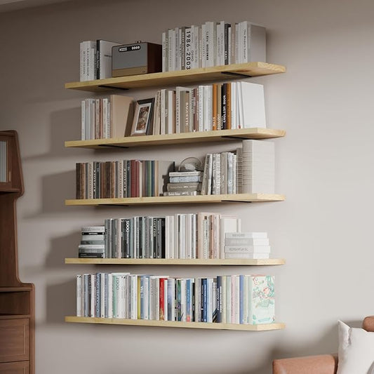 5 Tier Book Shelf,Long Floating Shelf for Wall,Adjustable Large Bookcase,Wall Mounted Bookshelf for Living Room
