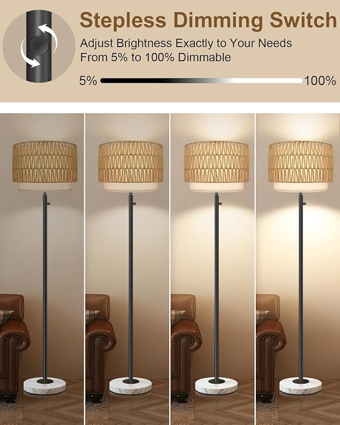 Rattan Floor Lamp,Floor Lamp for Bedroom,Modern Standing Lamp with Marble Base,Dimmable Standing Lamp for Bedroom, Reading,Office & Kids' Room,LED Bulb Included