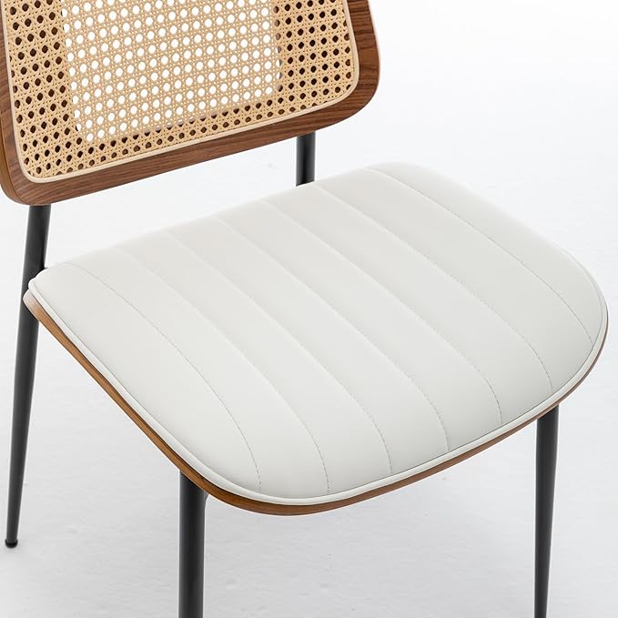 LUNLING Dining Chairs Set of 4 Mid Century Modern Retro White Faux Leather Kitchen Chairs with Walnut Bentwood Upholstered Seat Metal Legs Chair Adjustable Foot for Kitchen Dining Room