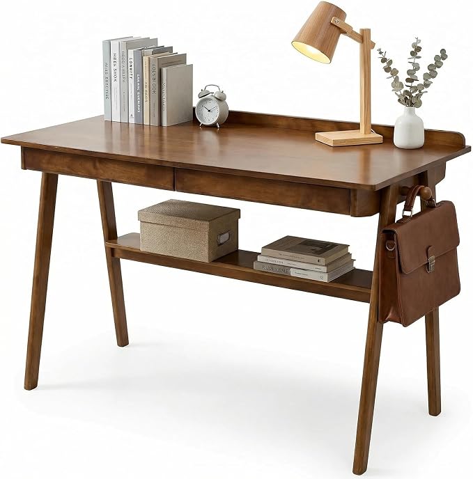 47" Small Solid Wood Desk with Drawers, Walnut Wooden Standing Desk, Home Office Desk for Small Spaces, Mid Century Modern Desk for Study, Bedroom, Living Room, Office (Walnut2, 47“)