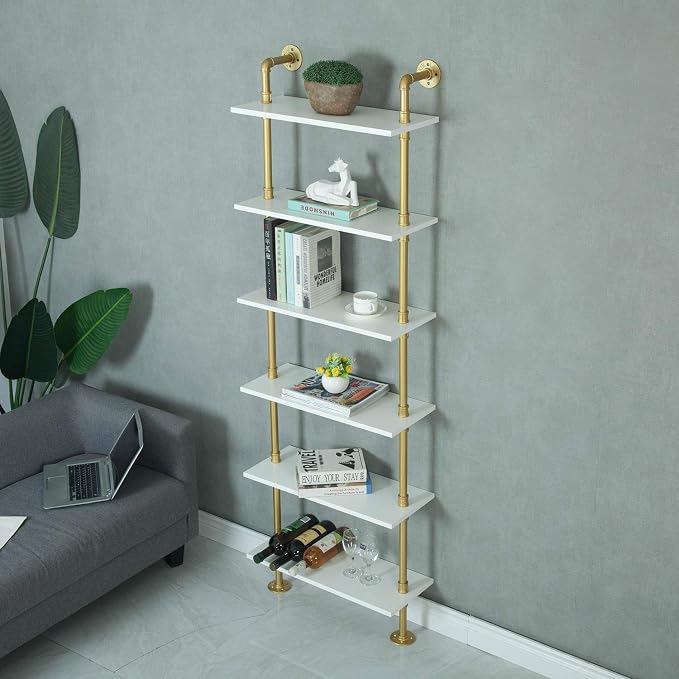 Industrial 6-Tiers Modern Ladder Shelf Bookcase,Wood Storage Shelf,Display Shelving, Wall Mounted Wood Shelves(Gold)