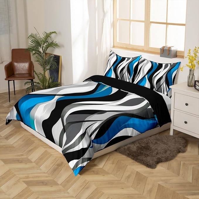 Blue Black Stripes Duvet Cover Set Full Size,Abstract Striped Geometric Wave Bedding Set,Boys Girls Room Decor,Contemporary Art Geometric Comforter Cover,Simple Quilt Cover,2 Pillowcases(No Filler)