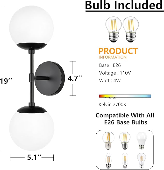 KoKo&Yukina Mid Century Modern Bathroom Matte Black Bathroom Vanity Light Fixtures Globe Sconce 2 Light Vanity Light Gold Vanity Light Mid Century Wall Sconce