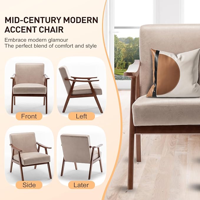 Furnimart Beige Accent Chair, Mid Century Modern Living Room Chair with Wood Frame, Comfy Armchair Wingback Chair for Office Study Vanity Bedroom Waiting Room