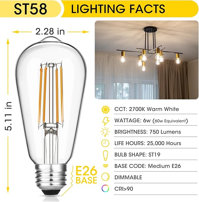 Vintage LED Edison Bulbs, 6W, Equivalent 60W, Dimmable, High Brightness Warm White 2700K, ST58 Antique LED Filament Bulbs with 90+ CRI, E26 Standard Base Light Bulbs, Clear Glass, Pack of 4