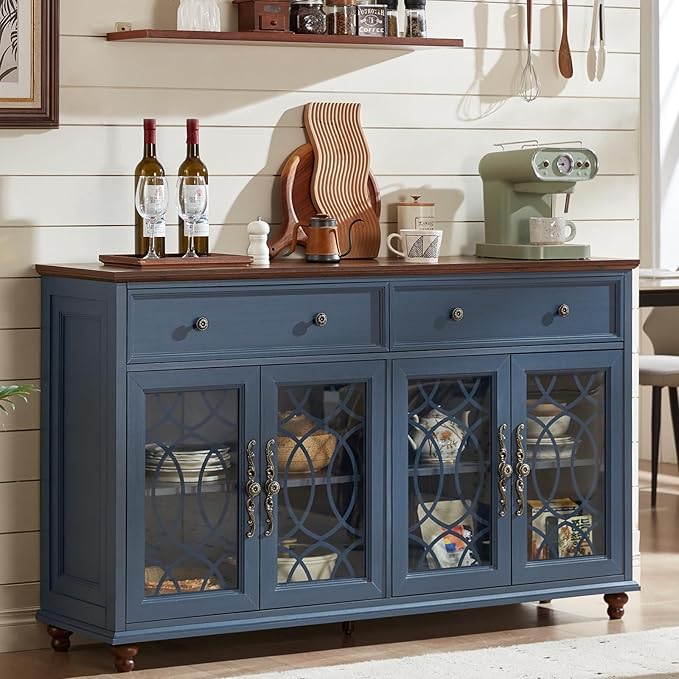 Farmhouse Sideboard Buffet Cabinet Set of 2 with Storage,59" Large Credenza with 4 Glass Doors & 2 Drawers,Adjustable Shelves Console Table,Wood Kitchen Coffee Bar for Dining Room,Blue