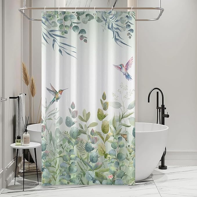 Green Leaf Shower Curtain Colourful Bird Eucalyptus Bathroom Curtain Plant Leaves Botanical Hummingbird Spring Summer Shower Curtain Sets for Bathroom Extra Long 36x72 in with 6 Hooks
