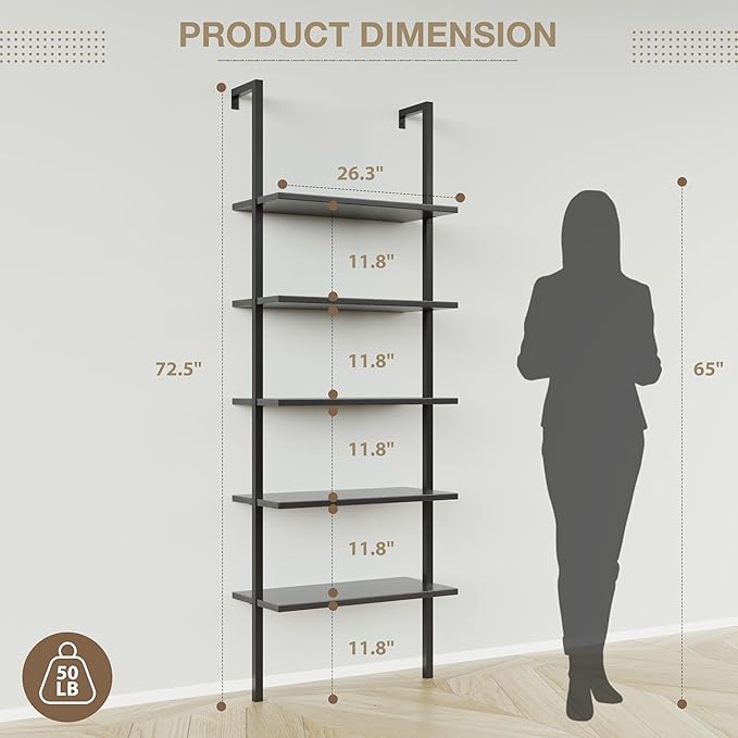 Furmax 5-Tier Bookshelf, Wall Mount Ladder Shelf with Wood Board and Industrial Metal Frame, for Home Office, Living Room, Bedroom, Entryway and Hallway, (1, Black)