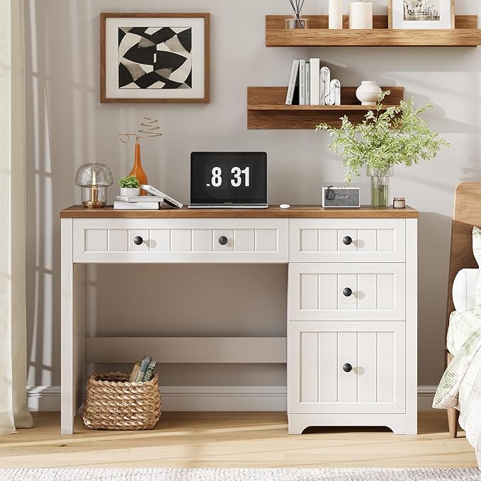 Vabches Farmhouse Executive Desk with 4 Drawers, Home Office Desk with File Drawer, Wood Computer Desk with Storage, Rustic Office Desk for Work Study Writing, Brown White
