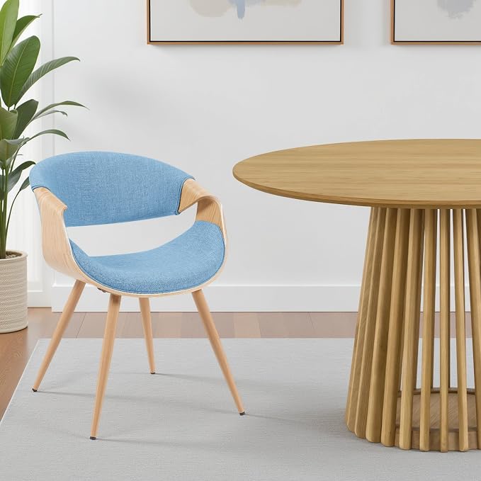 Armen Living Butterfly Mid-Century Dining Chair with Light Blue Fabric Upholstered Seat and Oak Finish