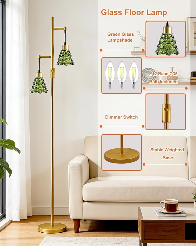 2-Light Modern Glass Floor Lamp, Gold Standing Tall Lamp with Green Shell Glass Shade, Dimmable LED Floor Lamp with 5Lbs Heavy Base for Living Room Bedroom Home Decor, Bulb Included