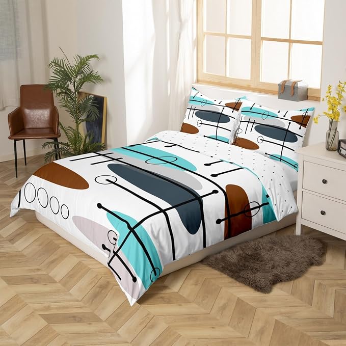 Erosebridal Mid Century Comforter Cover Modern Minimalist Bed Set, Hippie Old Fashion Duvet Cover Twin Size Abstract Artwork Bedding Sets, Aesthetic Lines Circles Bedspread Cover Teal White Grey
