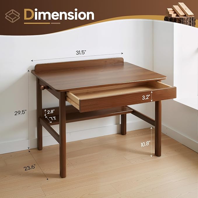 Solid Wood Study Desk & Home Office Writing Table with Drawers, 31" Vintage Mid Century Modern Computer Desk, Home Office Workstation for Bedroom, Small Spaces, Apartment(Walnut,31.5 Inch Wide)