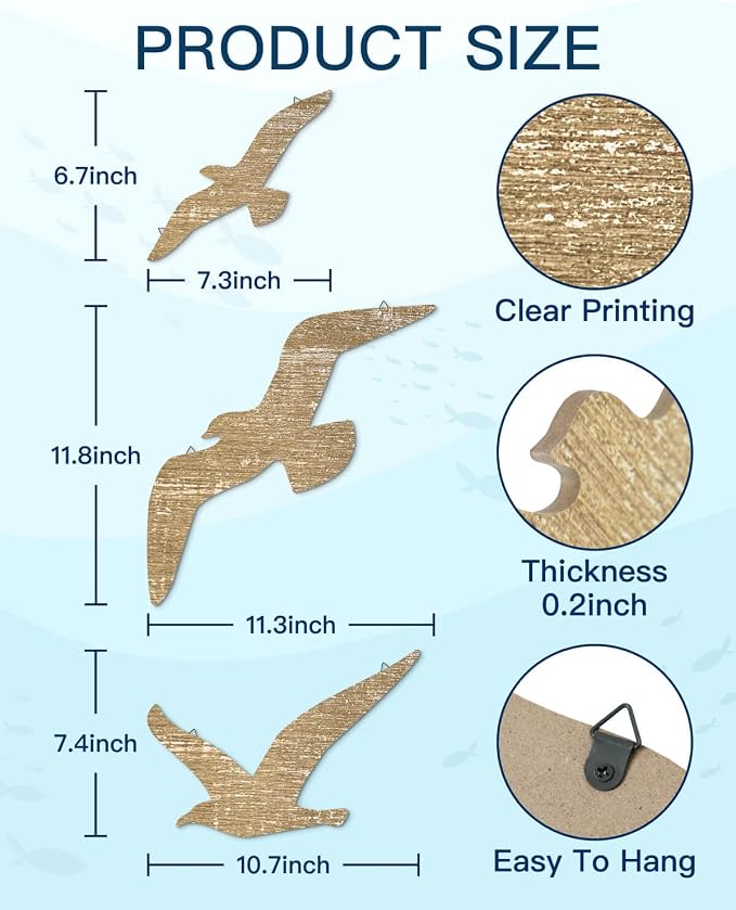 Putuo Decor Wooden Seagull Art Wall Decor Set - Rustic Coastal Birds Wall Sculptures with Metal Hooks, Farmhouse Cottagecore Accents for Beach House Bathroom Ocean Inspired Decor