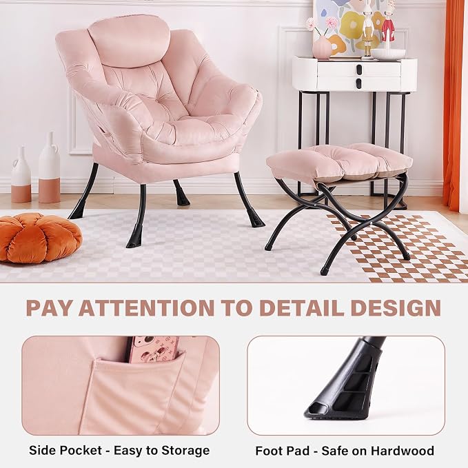 Tiita Lazy Chair with Ottoman, Pink Modern Large Accent Chair, Comfy Leisure Sofa Armchair with Ottoman, Reading Chair with Footrest for Bedroom, Living Room, Dorm Rooms, Velvet Pink