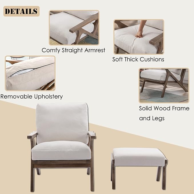 chairus Mid-Century Modern White Linen Accent Chairs with Ottomans Set of 2, Comfy Upholstered Lounge Armchairs with Solid Wood Frame, Fabric Reading Chairs for Living Room Bedroom Office
