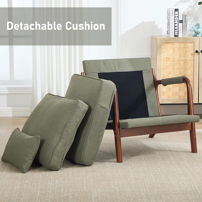 ANJ Mid Century Modern Accent Chair Set of 2, Lounge Reading Armchair with Extra Side Pocket & Detachable Cushion, Comfy Fabric Accent Chairs for Living Room, Bedroom, Green