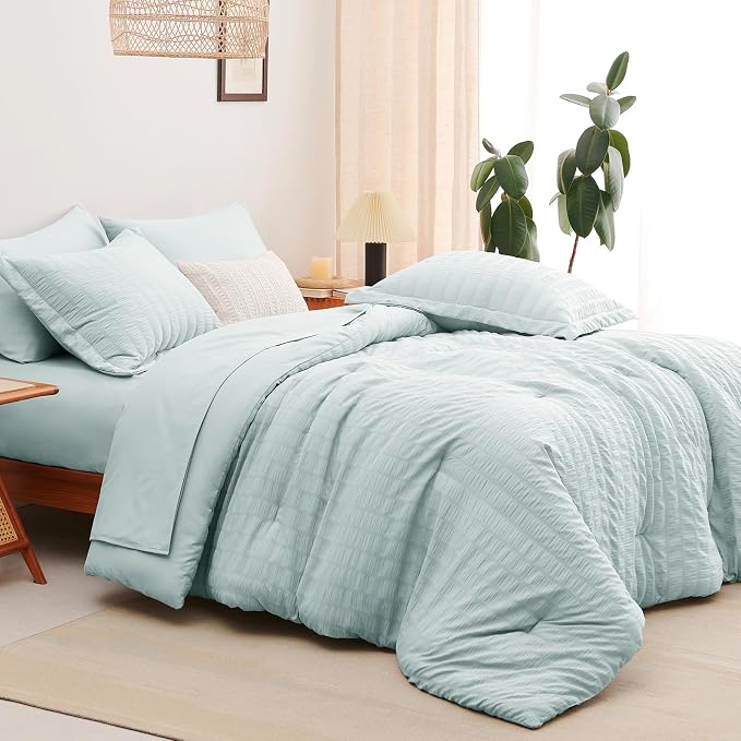 CozyLux Queen Comforter Set Ice Blue, 7 Pieces Seersucker Textured Luxury Bed in a Bag Queen, All Seasons Soft Bedding Sets with Down Alternative Comforter, Sheets, Pillowcases & Shams, Home Gift