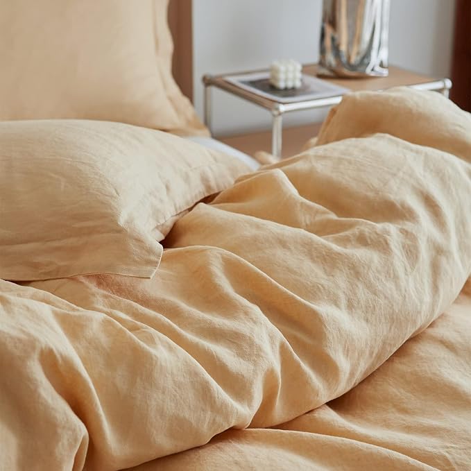 Simple&Opulence 100% Linen Duvet Cover Set, 3 PCS Natural French Flax Sand Duvet Cover Queen Size, Breathable Soft Comfy Linen Bedding Comforter Cover with 2 Pillowcases(Sand, 88"x92")