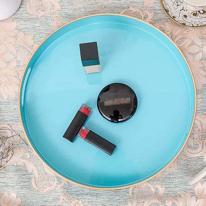 MAONAME 13-inch Light Blue Round Tray, Modern Decorative Tray for Coffee Table, Blue Serving Tray with Handles, Plastic Circle Tray for Ottoman, Bathroom, Decor