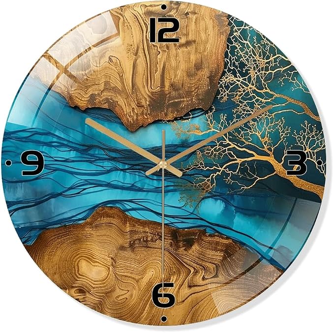 16 Inch Blue River Glass Wall Clock Silent Modern Art Decor | Silent glossy resin and wood-style wall clock perfectly tracks time, adding modern art to your living room