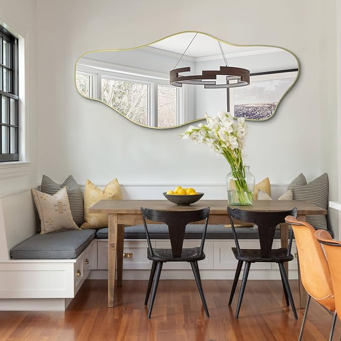 Large Irregular Mirror, 54.5"x24" Asymmetrical Tempered Glass Mirror for Wall, Gold Abstract Frameless Mirrors for Living Room Bathroom Bedroom Hallway Entryway, Horizontal or Vertical Hanging