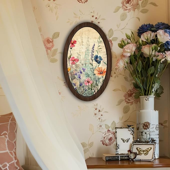 UYIKG Vintage Cottagecore Floral Wall Art,Floral Botanical Oval Framed Wall Decor,Rustic Farmhouse Cottage Core Wooden Framed Decor for Theme Room Home Bedroom Living Room Home Office 9x14.6 in