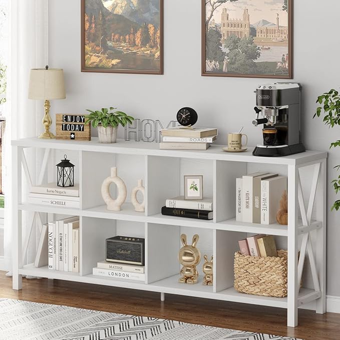 FATORRI 8 Cube Storage Organizer Bookshelf, 62 Inch Modern Wood Horizontal Bookcase, Farmhouse Cube Long Book Shelf, TV Console Stand for Living Room (White Oak)