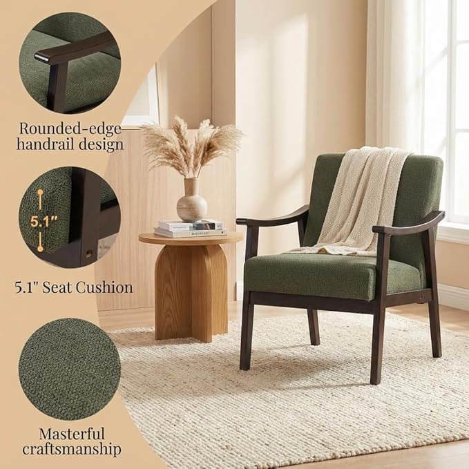 Mid-Century Modern Accent Chair, Upholstered Arm Chair Solid Wood Frame for Lounge, Living Room, Reading Room, Bedroom (Antique Green)