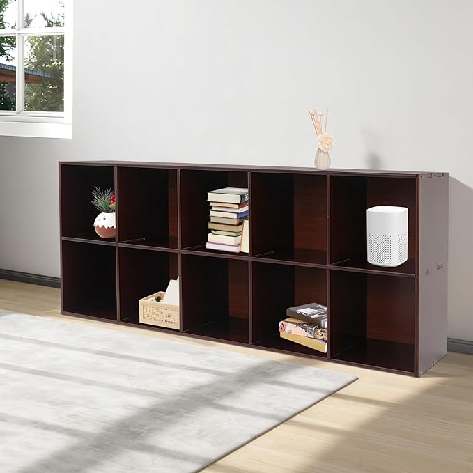 10 Cube Storage Organizer, Solid Wood Bookshelf, Vertical Or Horizontal Bookcase Horizontal Bookshelf, Bookcase for Bedroom, Living Room, Office (Walnut, 10-Cube, 2)