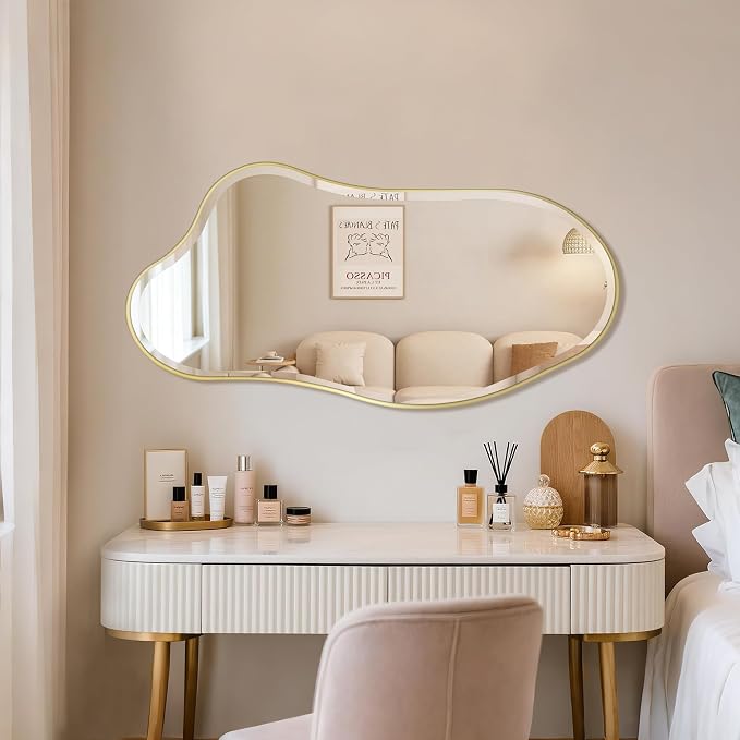 POZINO Irregular Beveled Mirror, 40"x20" Asymmetrical Vanity Wall Mirror with Gold Metal Frame, Organic Shape Mirrors for Entryway Bathroom Living Room Bedroom Hallway, Horizontal/Vertical Hanging