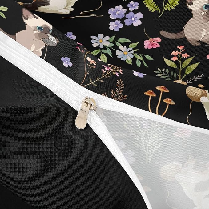 Erosebridal Cute Cat Comforter Cover King Kitten Cat Lovers Bedding Set Black Boho Watercolor Floral Duvet Cover for Kids Girls Boys Adults Funny Pet Animal Bed Set