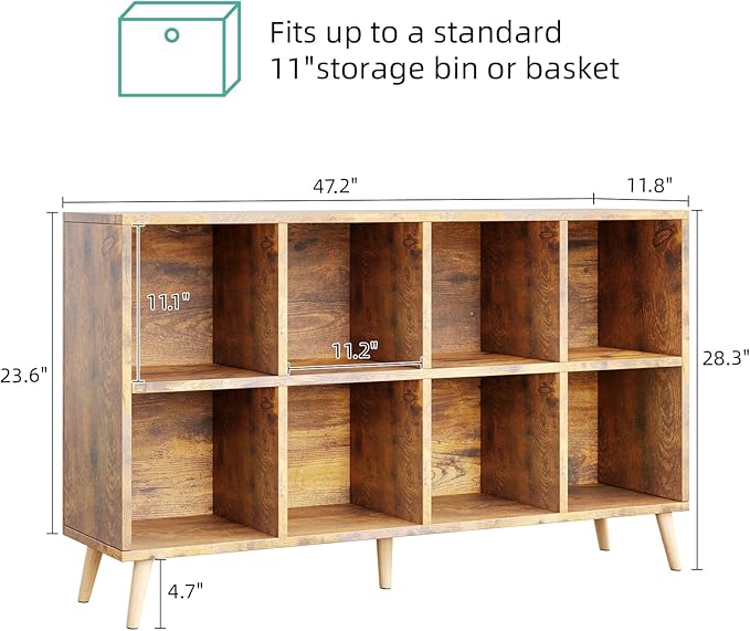 Flrrtenv 8-Cube Bookshelf 2 Tier Retro Bookcase with Legs, 11in Shelf Opening, 47" Wood Bookshelves Storage Organizer Shelf, Freestanding Open Book Shelves for Bedroom Living Room Office, Rustic Brown
