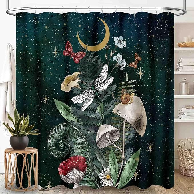 Mushroom Shower Curtain for Bathroom, Fairy Botanical Mushroom Cottagecore Gothic Moth Moon Star Nature Plants Herbs Retro Vintage VWaterproof Fabric Shower Curtain Set with Hooks, 72"x72" Inch