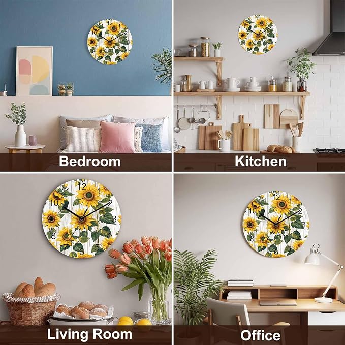 Sunflower Wall Clock Battery Operated Non-Ticking 10" Round Wood Clocks, Vintage Style Yellow Floral Grey Wood Grain Kitchen Wall Clock for School Bathroom Living Room Home Office Wall Decor