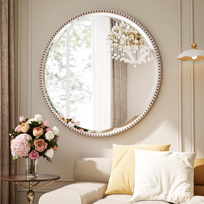24 Inch Round Bathroom Mirror - Luxurious Retro Beaded Circle Decorative Wall Mirror with PU Frame Hanging Leaning as Art Decor for Entryway, Bedroom, Living Room, Hallway, Silver
