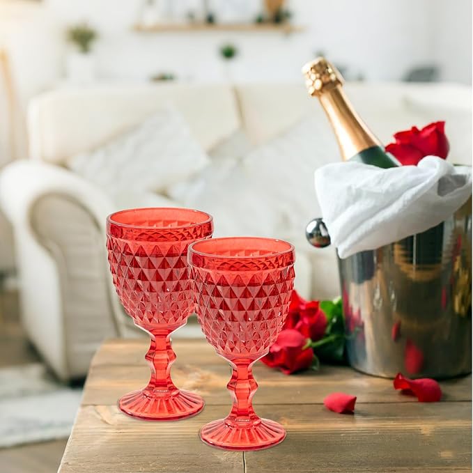 Vintage Wine Glasses Set of 6, 10 Ounce Colored Glass Water Goblets, Unique Embossed Pattern High Clear Stemmed Glassware Wedding Party Bar Glass Drinking Cups Diamond Red