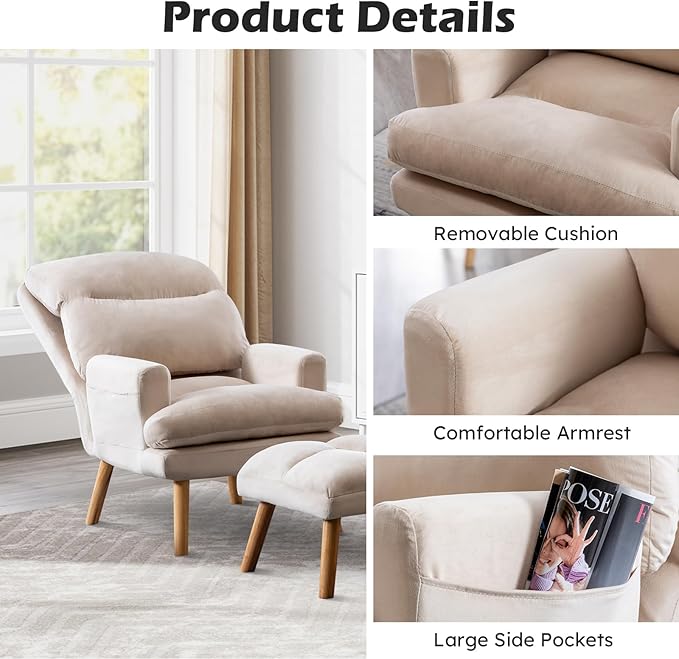 Accent Chair with Ottoman Comfy Reading Chair Armchair with Adjustable Backrest and Side Pockets Soft Fabric Leisure Sofa for Bedroom, Living Room, Dorm Rooms, Garden, Beige