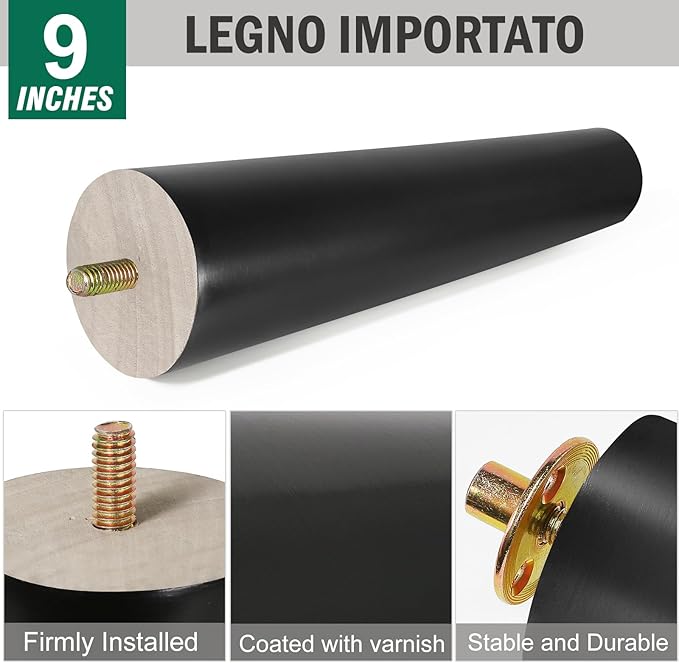 FoDau770 Black Rubber Wood Furniture Legs 9 Inches, Straight Tapered Wood Feet Mid Century Sofa Legs Set of 4, 5/16" UNC Furniture Feet for Cabinet Couch Dresser Chair Ottoman Table