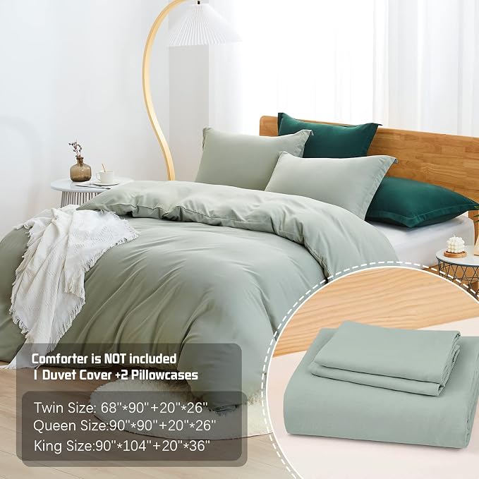 Dreaming Wapiti Duvet Cover Queen,Washed Microfiber Green Queen Size Duvet Cover Set,Solid Color - Soft and Breathable with Zipper Closure & Corner Ties (Green, Queen)