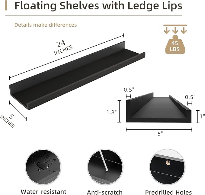 Picture Ledge Shelf, Wood Floating Shelves Set of 4, 24 inch Picture Ledge Shelves, Photo Ledge Nursery Book Shelves Wall Mounted for Living Room Kids' Room Bedroom, Color Black