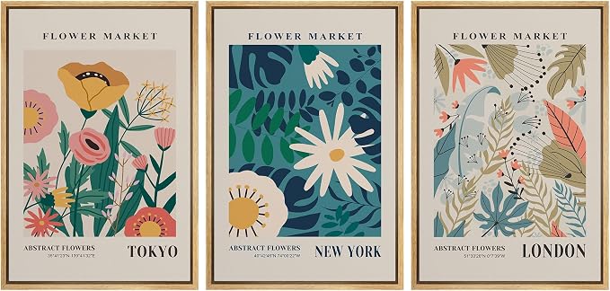 wall26 Framed Canvas Print Wall Art Set Colorful Flower Market Exhibition Prints Nature Wilderness Illustrations Modern Art Decorative Floral Botanical Minimal Calm for Bedroom - 16"x24"x3 Natural