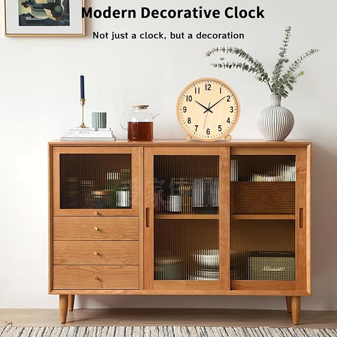 Maxspace Wooden Table Clock,8in Silent Non-Ticking Desk Clock,Battery Operated Desktop Analog Clock for Living Room Bedroom Kitchen Office Classroom Decor (Log)