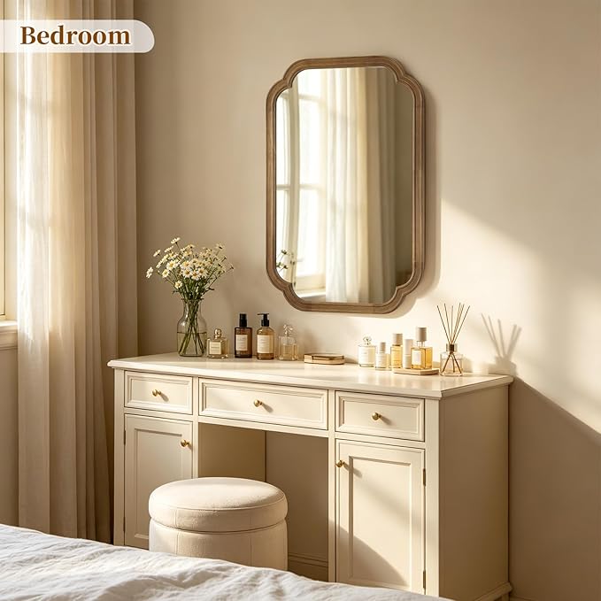 HOMECOOKIN Wood Bathroom Mirror for Wall Decor Arched Rounded Corner Rustic Wood Frame Wall Mirror Home Decorative for Vanity, Living Room, Bedroom, Entryway (20 x 30 inch, Natural)